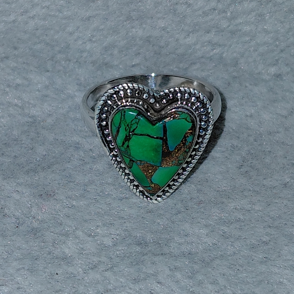 Heart-Shaped Green Dahlia Turquoise Silver Ring - Picture 8 of 13